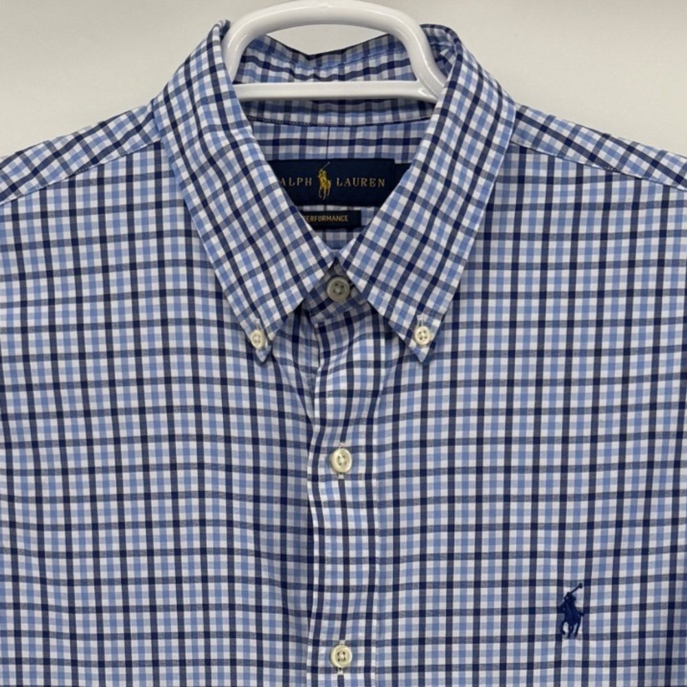 Ralph Lauren Performance Mens Large Blue Gingham Check Stretch Long Sleeve Shirt